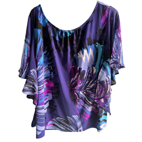 Investments Plus Size 1X Purple Blue Pink Abstract Print Flutter Sleeve Top - Picture 5 of 5